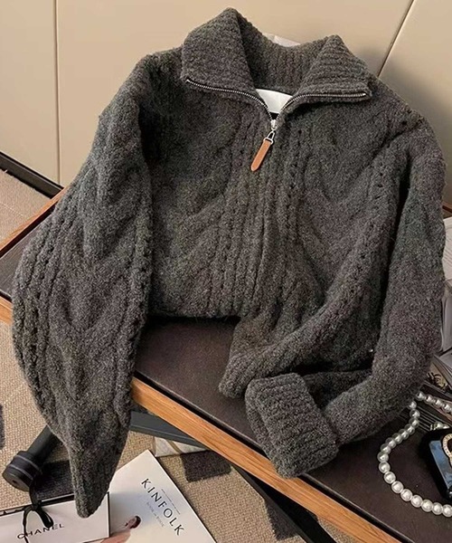 衿付きﾀﾞﾌﾞﾙｼﾞｯﾌﾟﾛｰｹﾞｰｼﾞｹｰﾌﾞﾙ編みﾆｯﾄｶｰﾃﾞ（カーディガン/ボレロ）｜CADBURY（キャドバリー）