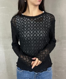 メッシュ透かし編みクルーネックプルオーバー