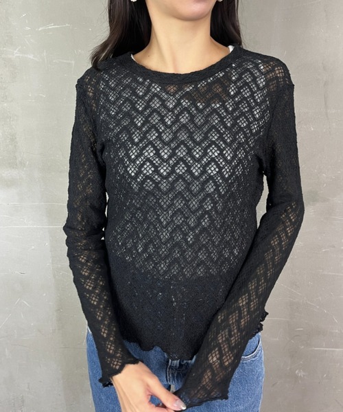 tolene(トレネ)の「メッシュ透かし編みクルーネックプルオーバー(Tシャツ/カットソー・レディース・ホワイト/ブラック・FREE)」の9枚目の写真