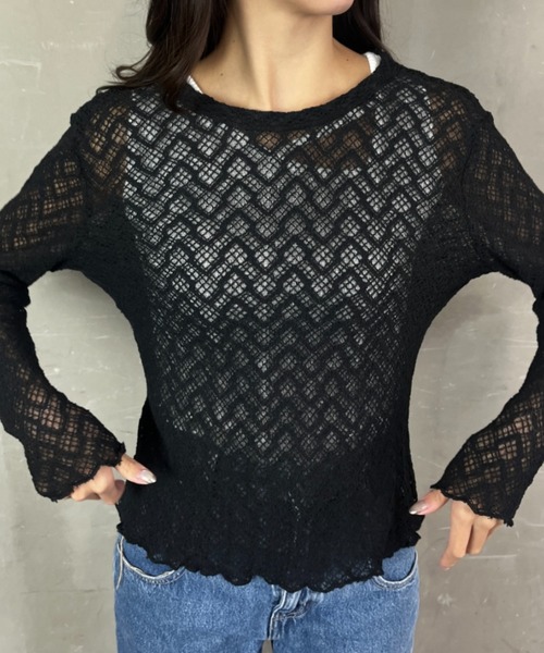 tolene(トレネ)の「メッシュ透かし編みクルーネックプルオーバー(Tシャツ/カットソー・レディース・ホワイト/ブラック・FREE)」の8枚目の写真