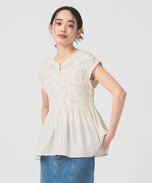 ブラウス シャツ ストライプ シャーリング フレンチスリーブ ブラウス 「洗える」 レディース セール】ストライプ シャーリング フレンチスリーブ ブラウス