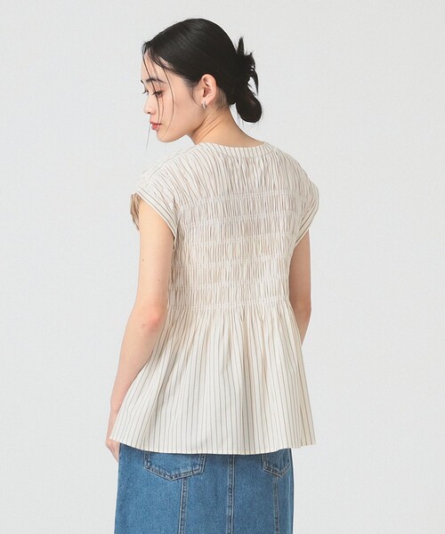 極美品✨ビアズリー 裾レース コットンフレンチスリーブ ブラウス ストライプ セール】ストライプ シャーリング フレンチスリーブ ブラウス