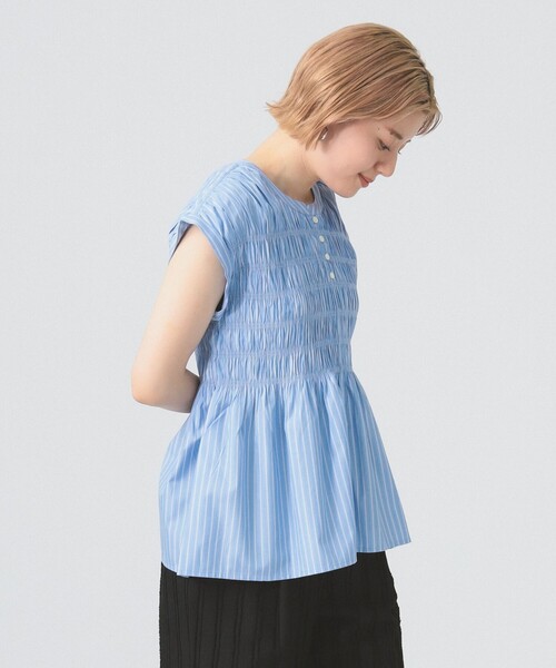 Ray BEAMS（レイビームス）の「ストライプ シャーリング フレンチスリーブ ブラウス [洗える]（シャツ/ブラウス・レディース・ブルー系その他2/ベージュ・ONE SIZE）」の3枚目の写真