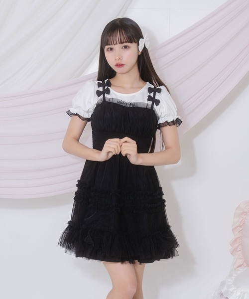 Honey Cinnamon(ハニーシナモン)の「プチリボンチュールミニジャンスカ(ジャンパースカート・レディース・ブラック/ピンク・FREE)」の8枚目の写真
