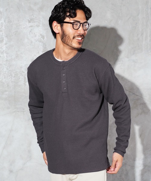 jiggys shop(ジギーズショップ)の「ワッフル編み サーマル ヘンリーネック ロンT カットソー(Tシャツ/カットソー・メンズ・アイボリー/ピンク系その他/ブラック/ホワイト/チャコールグレー/ブラウン系その他/グレー・MEDIUM/LARGE/X-LARGE)」の11枚目の写真