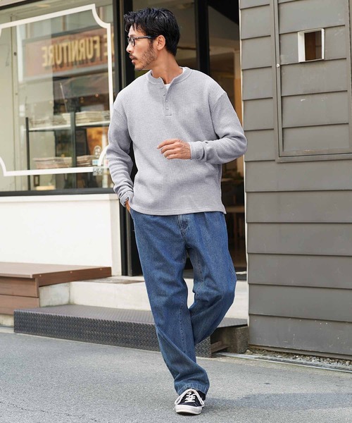 セール】ワッフル編み サーマル ヘンリーネック ロンT カットソー（T