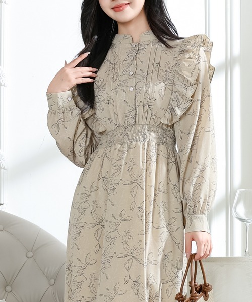 Lace Ladies(レースレディース)の「フラワー プリント フリル スタンドカラー ワンピース(ワンピース・レディース・ブラック/ベージュ/アイボリー・FREE/S)」の5枚目の写真