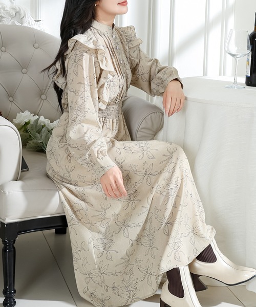 Lace Ladies(レースレディース)の「フラワー プリント フリル スタンドカラー ワンピース(ワンピース・レディース・ブラック/ベージュ/アイボリー・FREE/S)」の7枚目の写真