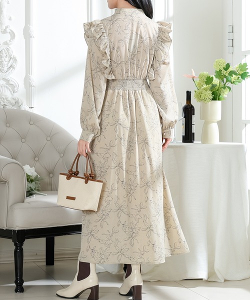 Lace Ladies(レースレディース)の「フラワー プリント フリル スタンドカラー ワンピース(ワンピース・レディース・ブラック/ベージュ/アイボリー・FREE/S)」の8枚目の写真