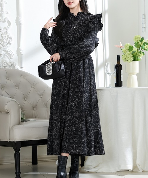 Lace Ladies(レースレディース)の「フラワー プリント フリル スタンドカラー ワンピース(ワンピース・レディース・ブラック/ベージュ/アイボリー・FREE/S)」の9枚目の写真