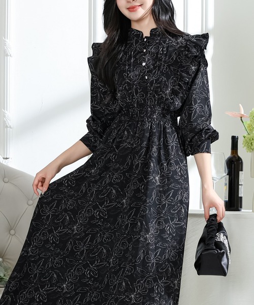 Lace Ladies(レースレディース)の「フラワー プリント フリル スタンドカラー ワンピース(ワンピース・レディース・ブラック/ベージュ/アイボリー・FREE/S)」の10枚目の写真