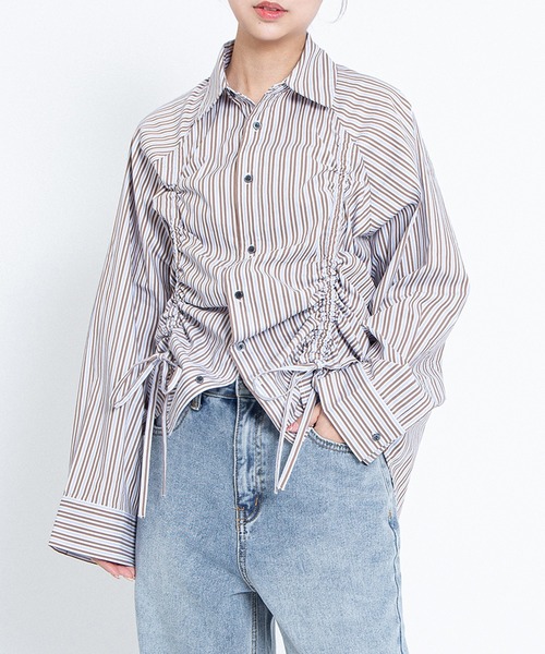 PUNYUS（プニュズ）の「ドロストストライプシャツ（シャツ/ブラウス・レディース・ブラウン/ピンク/ブルー/ブラウン系その他・1/2/3/4）」の3枚目の写真