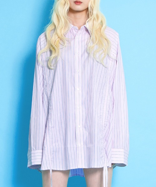 PUNYUS(プニュズ)の「ドロストストライプシャツ(シャツ/ブラウス・レディース・ブラウン/ピンク/ブルー・1/2/3/4)」の1枚目の写真