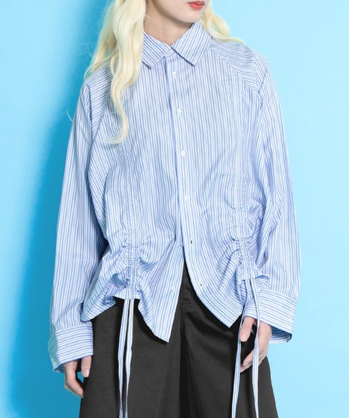 PUNYUS(プニュズ)の「ドロストストライプシャツ(シャツ/ブラウス・レディース・ブラウン/ピンク/ブルー・1/2/3/4)」の3枚目の写真