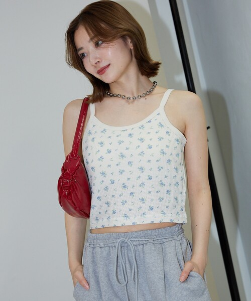 PUBLUX（パブリュクス）の「JEMORGAN/ジェーイーモーガン 花柄ワッフル カップ付 クロップドキャミソール　限定展開（キャミソール・レディース・ブルー/ピンク/パープル・ﾌﾘ-）」の19枚目の写真