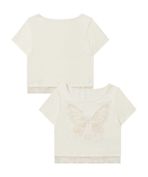 HOOK（フック）の「バタフライレースショートTシャツ (SS)（Tシャツ/カットソー・レディース・ブラック/ライトベージュ・SMALL/MEDIUM）」の2枚目の写真