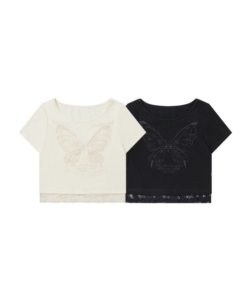 HOOK（フック）の「バタフライレースショートTシャツ (SS)（Tシャツ/カットソー・レディース・ブラック/ライトベージュ・SMALL/MEDIUM）」の3枚目の写真