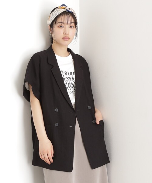 THE SHOP TK (ザ ショップ ティーケー )の「リネン混半袖テーラージャケット【洗える/セットアップ可】(テーラードジャケット・レディース・オフホワイト/ブラック/ベージュ・99)」の3枚目の写真