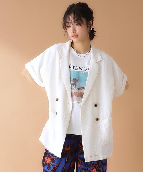 THE SHOP TK (ザ ショップ ティーケー )の「リネン混半袖テーラージャケット【洗える/セットアップ可】(テーラードジャケット・レディース・オフホワイト/ブラック/ベージュ・99)」の4枚目の写真