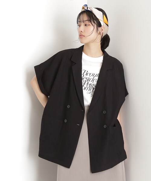 THE SHOP TK (ザ ショップ ティーケー )の「リネン混半袖テーラージャケット【洗える/セットアップ可】(テーラードジャケット・レディース・オフホワイト/ブラック/ベージュ・99)」の5枚目の写真