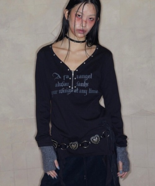 tシャツ 「NOT KNOWING」STUD V-NECK RUFFLE TOP レディース NOT KNOWING】STUD V-NECK RUFFLE TOP（Tシャツ/カットソー