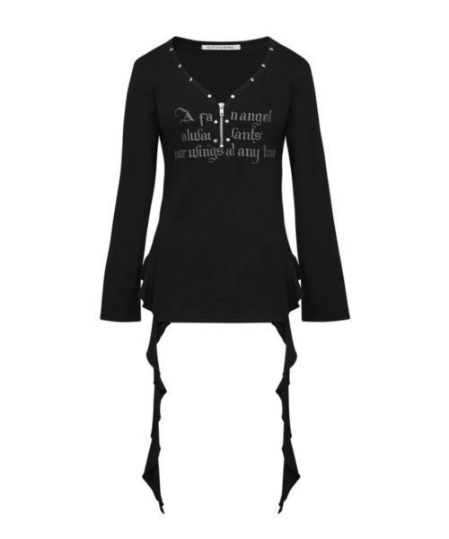 Tシャツ・カットソー NOT KNOWING Stud VNeck Ruffle Top BLACK NOT KNOWING】STUD V-NECK RUFFLE TOP（Tシャツ/カットソー