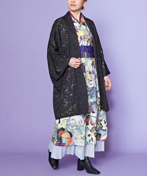 倭物やカヤ(ワモノヤカヤ)の「【倭物やカヤ】透かし花羽織(カーディガン/ボレロ・レディース・ライトブルー/スミクロ/キナリ・FREE)」の16枚目の写真