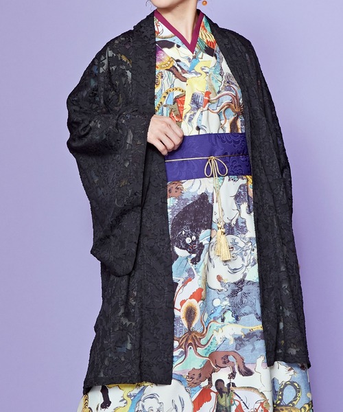 倭物やカヤ(ワモノヤカヤ)の「【倭物やカヤ】透かし花羽織(カーディガン/ボレロ・レディース・ライトブルー/スミクロ/キナリ・FREE)」の17枚目の写真