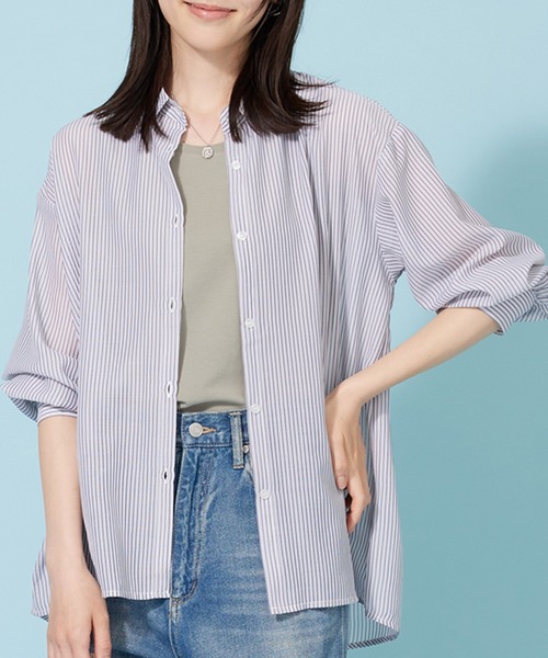 BELLUNA PLUS(ベルーナ)の「シアーストライプ素材ベーシックシャツ(シャツ/ブラウス・レディース・ネイビー系/グレー/ブルー・LARGE/MEDIUM/X-LARGE)」の11枚目の写真