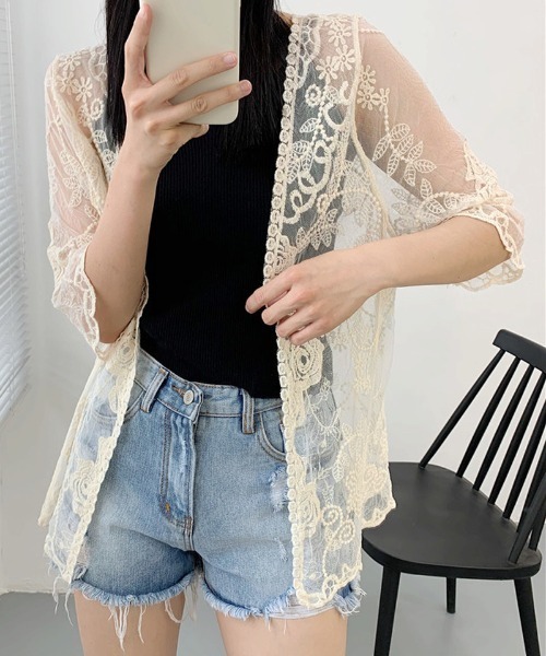 セール】総レースカーディガン 花柄 シースルーカーディガン