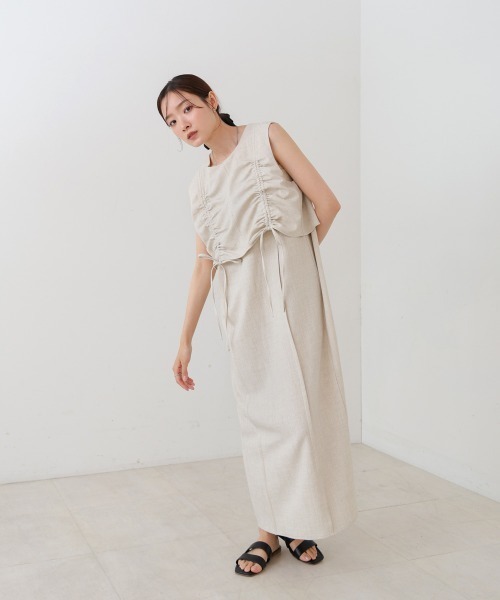 15日迄SALE半額！アンサンブル風　長袖ワンピース ライトグレー　新品 セール】【低身長向けサイズあり】シャーリングレイヤード風