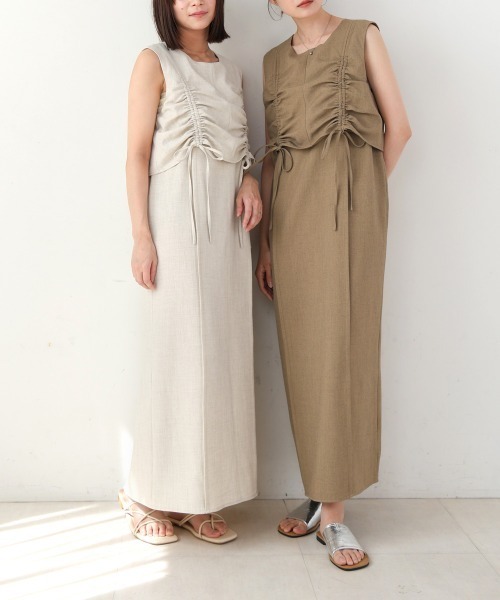 BASICS ワンピース カラー:light beige セール】【低身長向けサイズあり】シャーリングレイヤード風