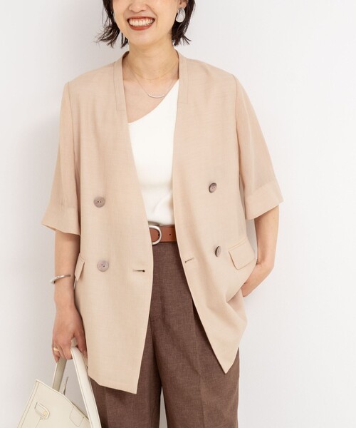 セール】ウォッシャブルリネン風シアー5分袖ジャケット（ノーカラー