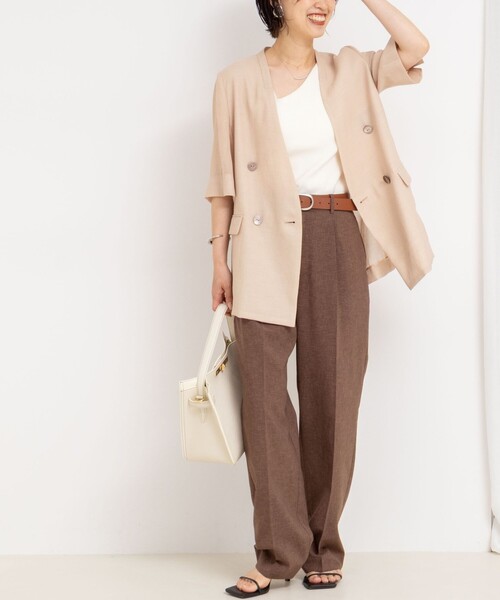 セール】ウォッシャブルリネン風シアー5分袖ジャケット（ノーカラー