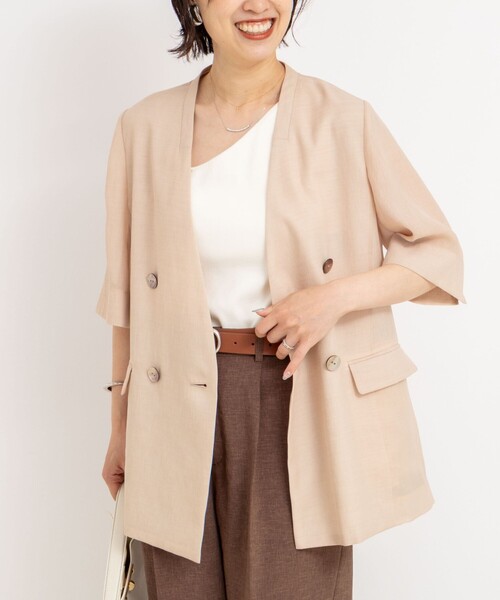 NOLLEY’S（ノーリーズ）の「ウォッシャブルリネン風シアー5分袖ジャケット（ノーカラージャケット・レディース・ベージュ/ブラック・36/38/40）」の11枚目の写真