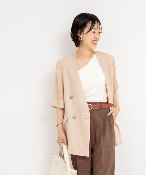 NOLLEY’S（ノーリーズ）の「ウォッシャブルリネン風シアー5分袖ジャケット（ノーカラージャケット・レディース・ベージュ/ブラック・36/38/40）」の12枚目の写真