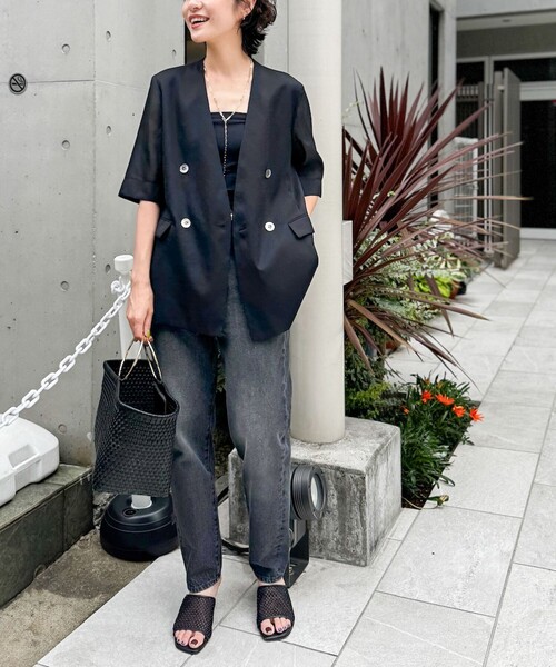 NOLLEY’S（ノーリーズ）の「ウォッシャブルリネン風シアー5分袖ジャケット（ノーカラージャケット・レディース・ベージュ/ブラック・36/38/40）」の15枚目の写真