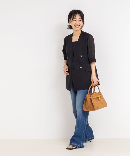 NOLLEY’S（ノーリーズ）の「ウォッシャブルリネン風シアー5分袖ジャケット（ノーカラージャケット・レディース・ベージュ/ブラック・36/38/40）」の17枚目の写真