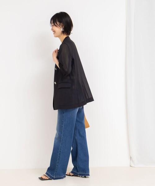 セール】ウォッシャブルリネン風シアー5分袖ジャケット（ノーカラー