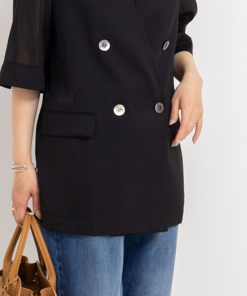 セール】ウォッシャブルリネン風シアー5分袖ジャケット（ノーカラー