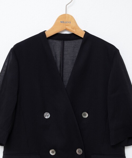 セール】ウォッシャブルリネン風シアー5分袖ジャケット（ノーカラー