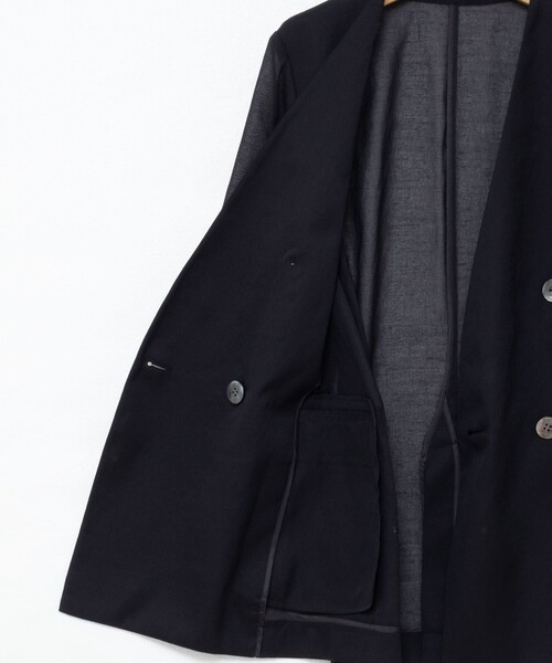 セール】ウォッシャブルリネン風シアー5分袖ジャケット（ノーカラー