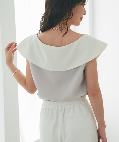 La boutique BonBon(ラブティックボンボン)の「アシメビッグカラーブラウス(シャツ/ブラウス・レディース・ライトグレー/ネイビー・FREE)」の5枚目の写真