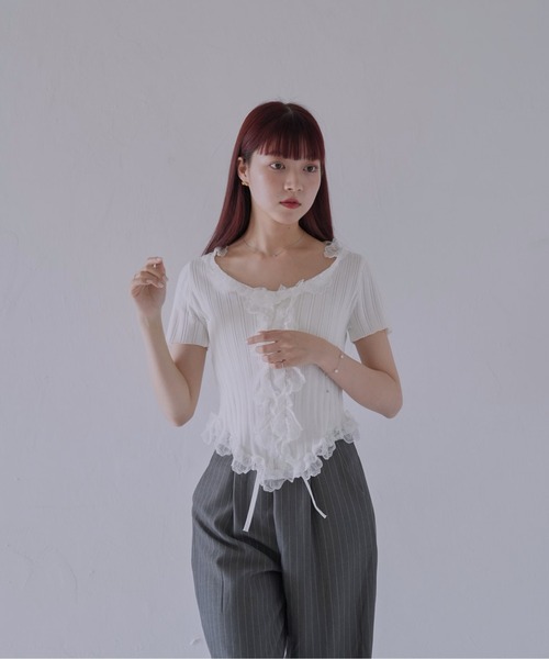 Uenui（ウニュイ）の「【 cunii 】 フリルレースリブカーデトップス（Tシャツ/カットソー・レディース・ホワイト/ブラック/ベージュ系/グリーン/ピンク・FREE）」の18枚目の写真