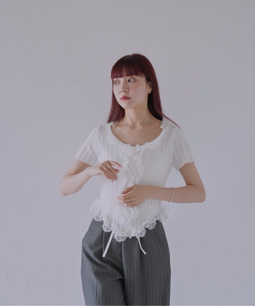 Uenui（ウニュイ）の「【 cunii 】 フリルレースリブカーデトップス（Tシャツ/カットソー・レディース・ホワイト/ブラック/ベージュ系/グリーン/ピンク・FREE）」の19枚目の写真