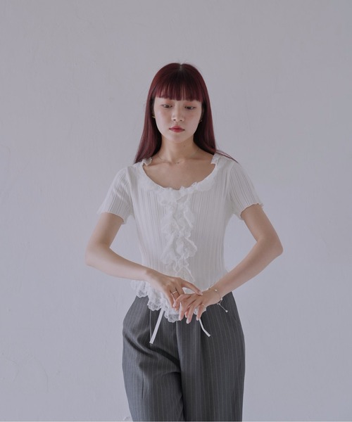 Uenui（ウニュイ）の「【 cunii 】 フリルレースリブカーデトップス（Tシャツ/カットソー・レディース・ホワイト/ブラック/ベージュ系/グリーン/ピンク・FREE）」の20枚目の写真