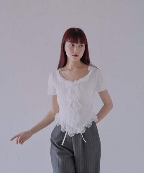 Uenui（ウニュイ）の「【 cunii 】 フリルレースリブカーデトップス（Tシャツ/カットソー・レディース・ホワイト/ブラック/ベージュ系/グリーン/ピンク・FREE）」の21枚目の写真