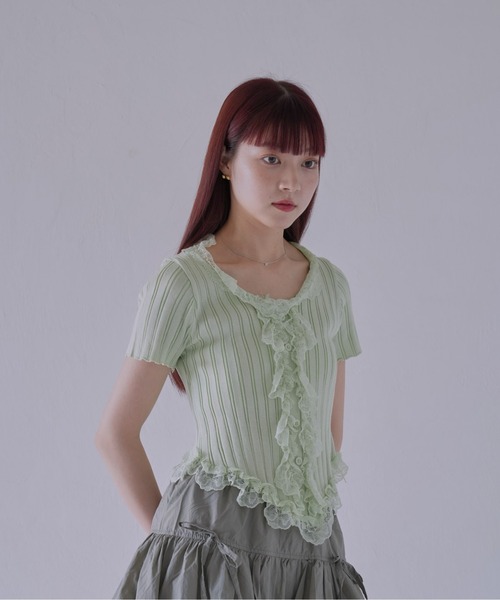 Uenui（ウニュイ）の「【 cunii 】 フリルレースリブカーデトップス（Tシャツ/カットソー・レディース・ホワイト/ブラック/ベージュ系/グリーン/ピンク・FREE）」の11枚目の写真