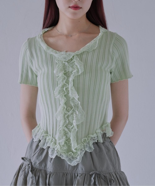 Uenui（ウニュイ）の「【 cunii 】 フリルレースリブカーデトップス（Tシャツ/カットソー・レディース・ホワイト/ブラック/ベージュ系/グリーン/ピンク・FREE）」の12枚目の写真