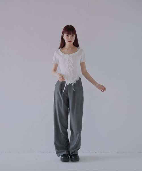 Uenui（ウニュイ）の「【 cunii 】 フリルレースリブカーデトップス（Tシャツ/カットソー・レディース・ホワイト/ブラック/ベージュ系/グリーン/ピンク・FREE）」の13枚目の写真